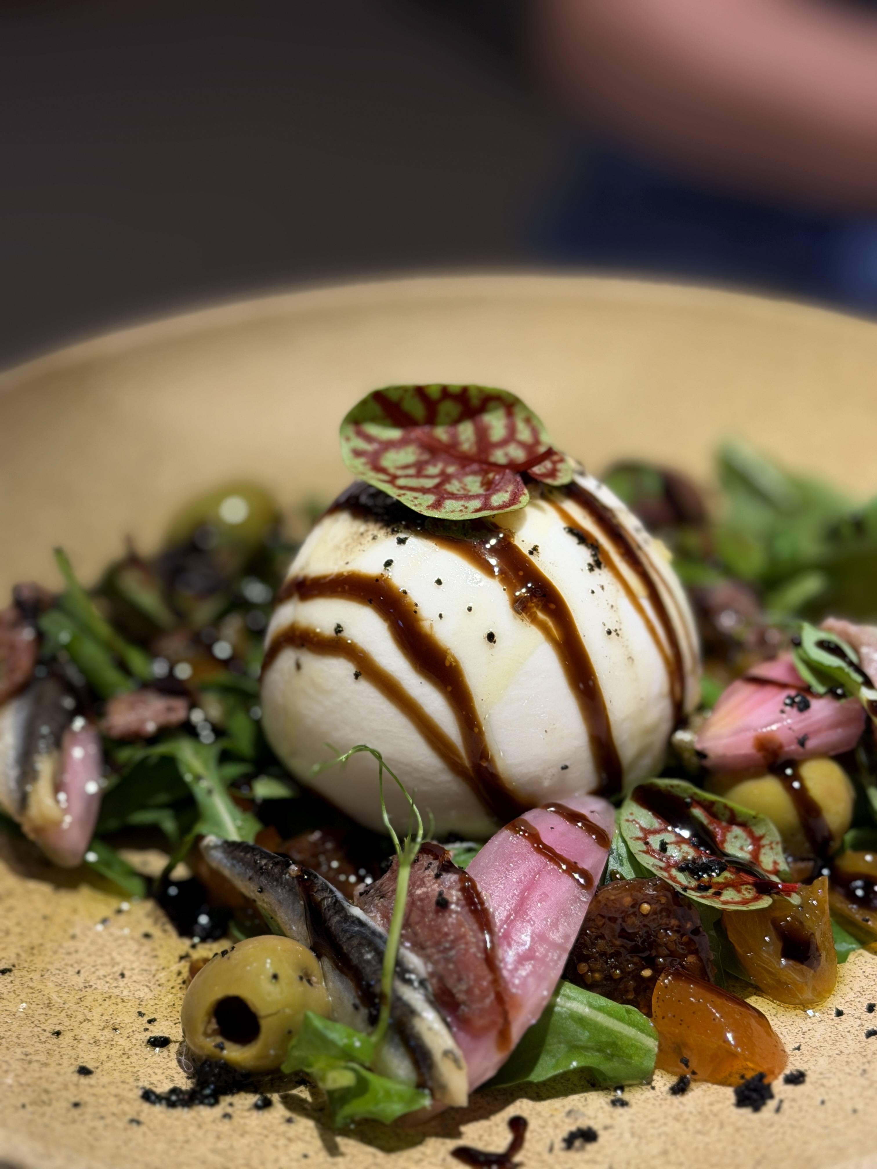 Chef's Table Burrata with fig, pickled shallot, Cantabrian anchovy and aged balsamic